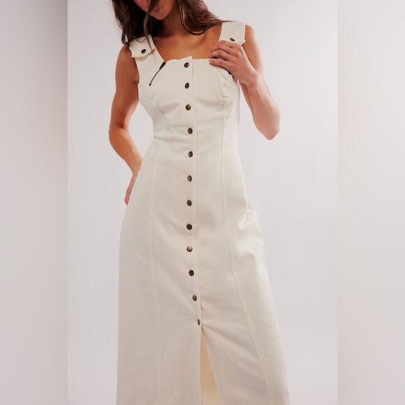 Free People Midi Dress Desert Desire Denim Minimalist Neutral Lagan Look Boho M - Picture 4 of 14